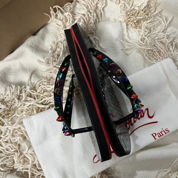 CHRISTIAN LOUBOUTIN Loubi Flip Flop Spikes Donna Flat Black Mix Studded - Picture 6 of 10